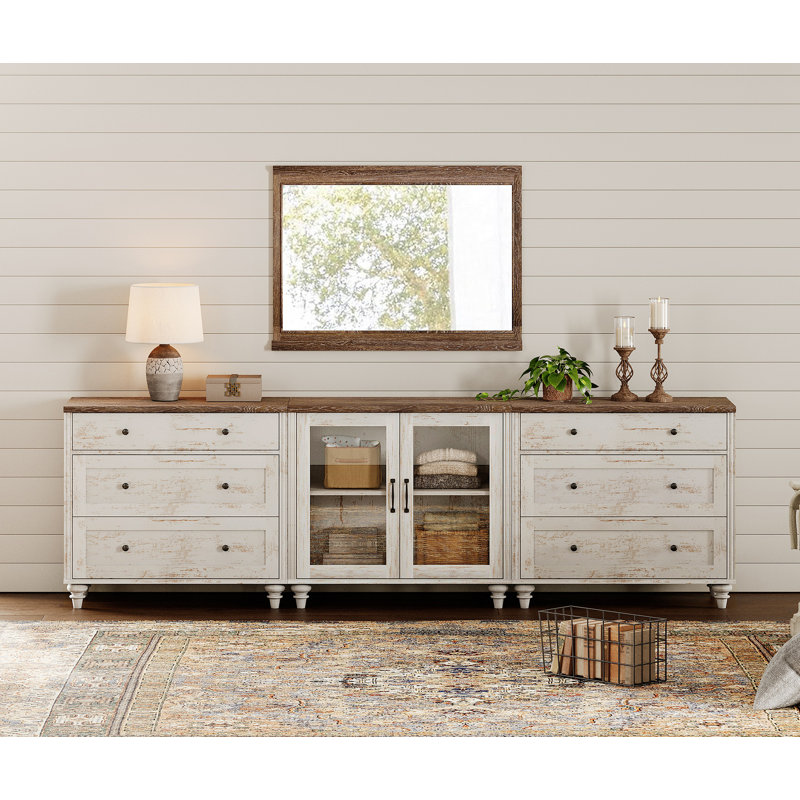 Farmhouse TV Stand, 3-In-1 TV Console Table For 75/80/85/90 Inch TV, Entertainment Center With Drawer & Glass Door