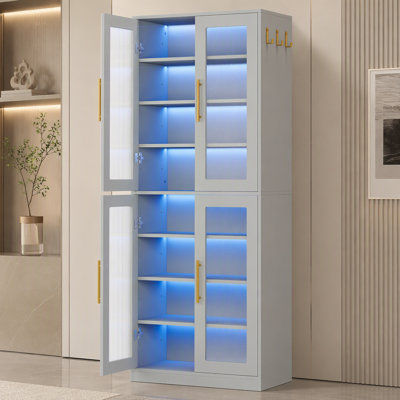 Bibliothèque avec portes, armoire de rangement à DEL et 8 tablettes réglables pour le salon, le bureau, la chambre à coucher