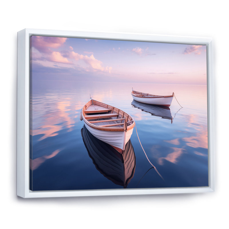 «Dinghy Boat Tranquility Pastel Sunset» sur toile, H 16 po x l 32 po x P 1 po, Cadre flottant blanc