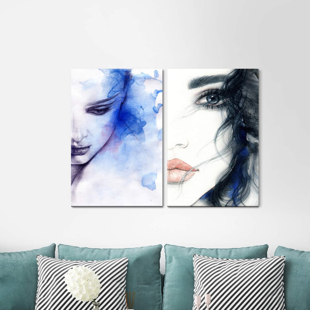 2-tlg. Leinwandbilder-Set - Gemälde „Women Portrait Full Lips Blue Picturesque Watercolour Fantasy Fantastic”