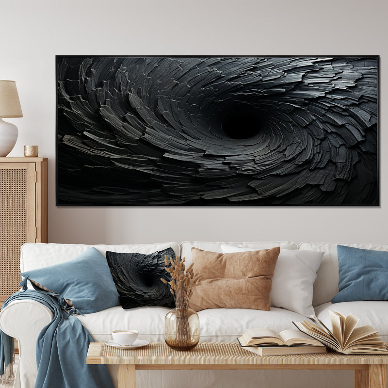 «Black Spiraling fractal sprial», reproduction sur toile à spirales abstraites, Noir, H 28 po x l 60 po