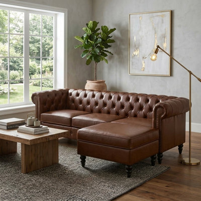 Canapé d'angle brun, rangement intégré, 216 cm, similicuir, avec pouf, revêtement capitonné, pour salon