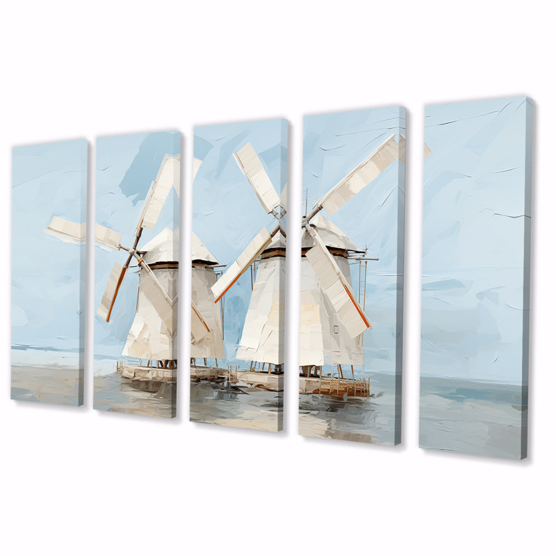 «Gray Minimalist Windmills - Wind Turbines», art mural 5 pièces, H 32 po x l 80 po