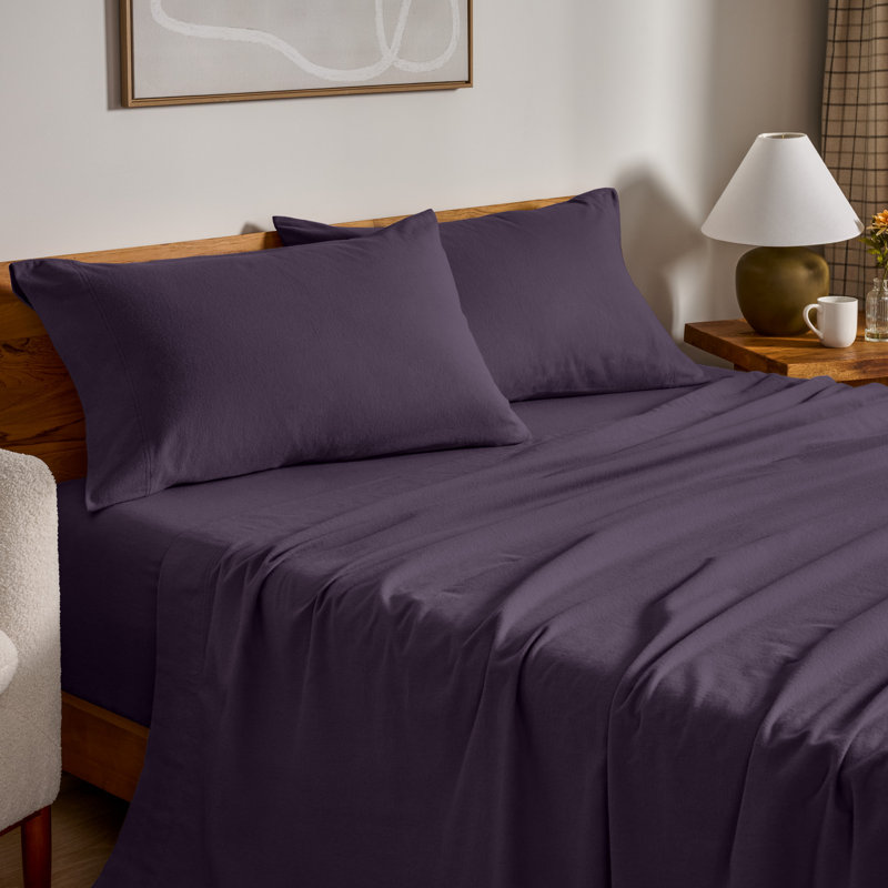 100% Cotton Flannel Sheet Set, Queen Sheet Set with 2 Pillowcases, Eggplant