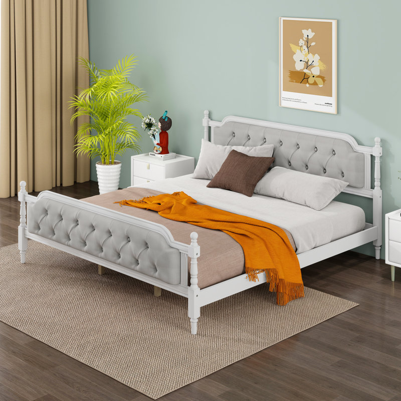 Upholstered Platform Bed with Headboard, King, Antique White