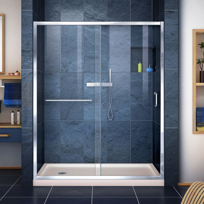 DreamLine Infinity-Z 30 inch D x 60 inch W x 74 3/4 inch H Semi-Frameless Sliding Clear Shower Door in Chrome with Left Drain Biscuit Shower Base Kit