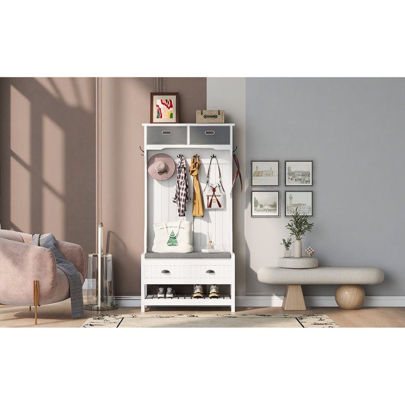 Arbre d'entrée multifonctionnel en MDF avec rangement et banc, design blanc moderne pour le vestibule