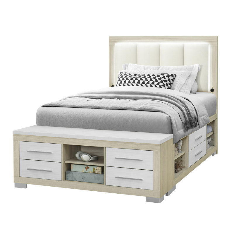 Grand lit avec rangement naturel et blanc avec tête de lit à DEL, bibliothèque, bois massif, revêtement, mobilier de chambre à coucher de style contemporain, aucun sommier requis, finition, revêtement, décor moderne