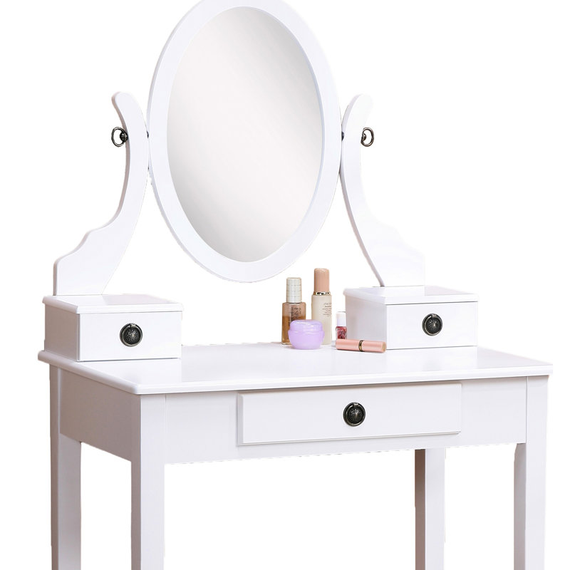 Coiffeuse et tabouret en bois blanc avec 3 espaces de rangement et miroir réglable, composé de compartiments.