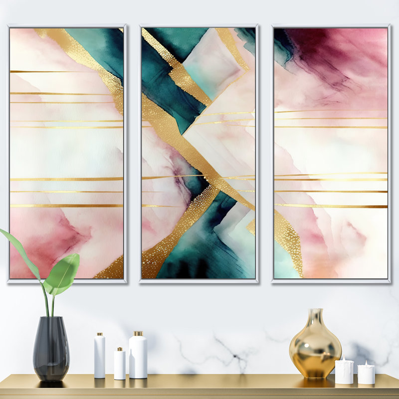 Abstrait géométrique géométrique rose et vert II - 3 pièces sur toile, H 28 po x l 36 po x P 1 po, Cadre flottant blanc