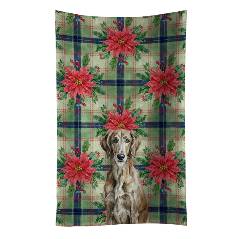 Brindle Scottish Deerhound Christmas PoinsettIas Kitchen Towel, Brindle Scottish Deerhound