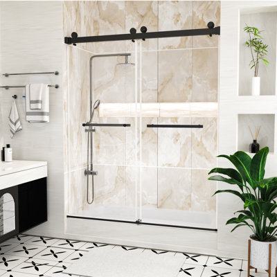 56" - 60" W x 74'' H Double Sliding Frameless Shower Door, 1/4" Clear Tempered Glass with Quiet Rollers, SGCC Certified