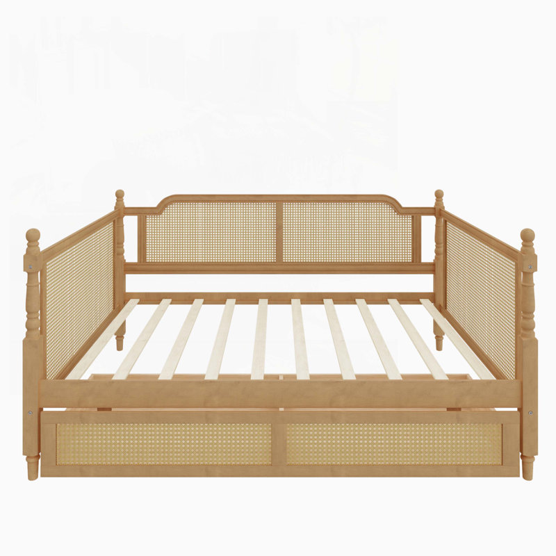 Traditional Style Rattan Daybed with 2 Drawers, Twin, White