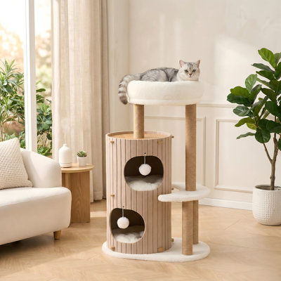Arbre à chat 36 po moderne pour grands chats adultes, poteaux à griffer, grotte de lit pour chat confortable, coussins lavables, balles suspendues, maisonnette pour chat Play & Nap pour toutes les races, brun