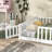 Full Size Floor Bed With Fence And Door,Rubber Wood Floor Bed With Safety Guardrails,White-956233496-956233497