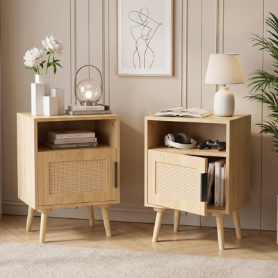 Rattan Nightstands with Doors and Open Shelves, Solid Wood Legs
