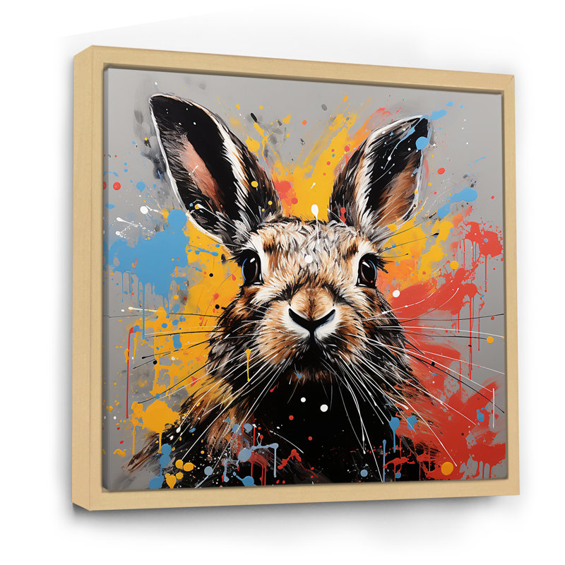 Représentation pop art d'un lapin aux teintes III, Cadre naturel flottant, H 16 po x l 16 po x P 1 po