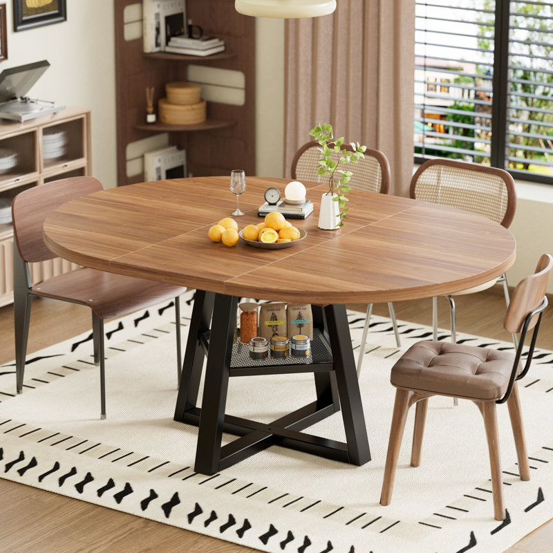 43.3''-59'' Extendable Round Dining Table For 4-8, Modern Farmhouse Kitchen Oval Dining Table With Removable Leaves Space Saving, Expandable Table With Iron Base For Kitchen Living