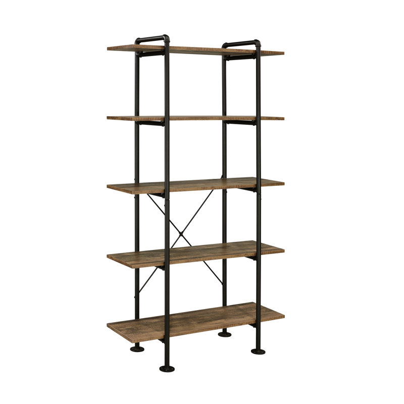 Rectangular Rustic Oak And Black 5-shelf Bookcase, Ideal For Displaying Books Collectibles Metal Base Enhances Bedroom Storage Style
