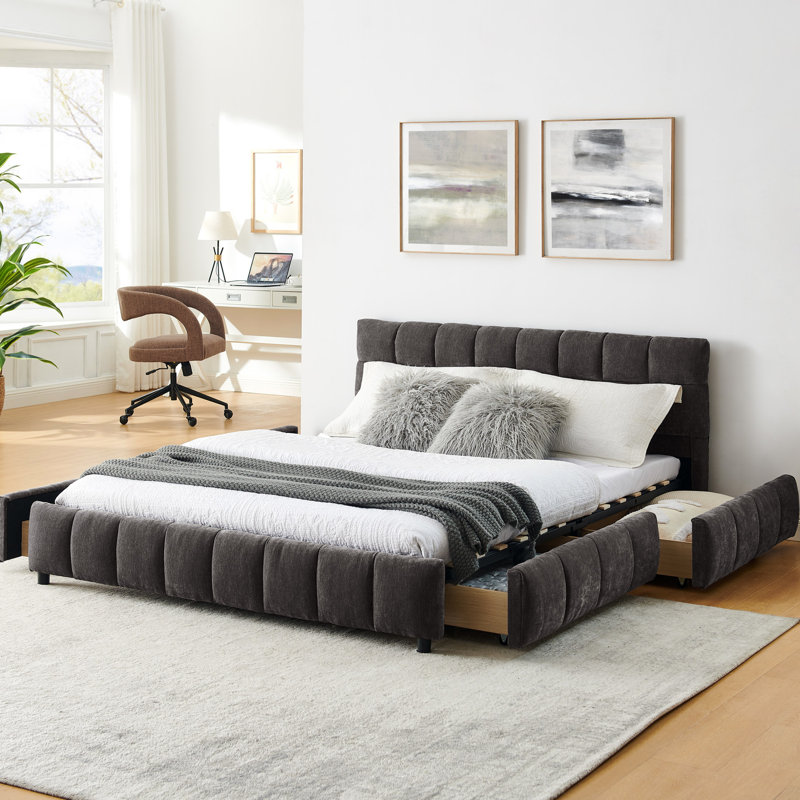 Grand lit moderne gris foncé avec chenille et tête de lit - Tiroir de rangement rembourré Relax, Gris foncé