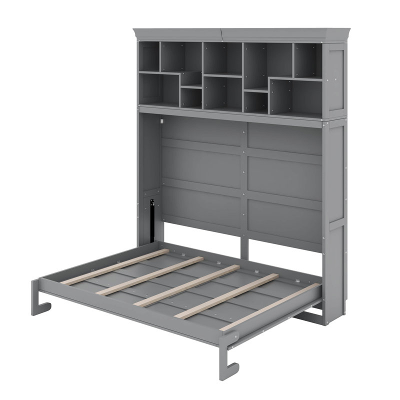Grand lit escamotable avec tablettes supérieures et USB, Gris