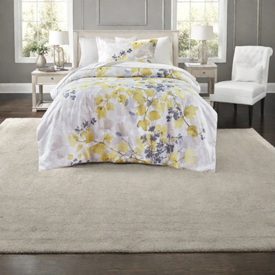 Ensemble de literie hypoallergénique jaune, polyester, design botanique moderne pour la chambre à coucher