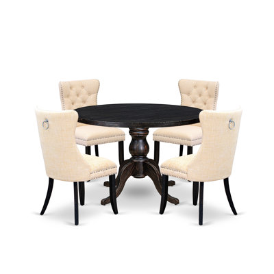 L'ensemble de salle à manger 5 pièces se compose d'une table en bois et de 4 chaises de salle à manger en tissu de lin beige clair avec dossier capitonné - Noir sablé