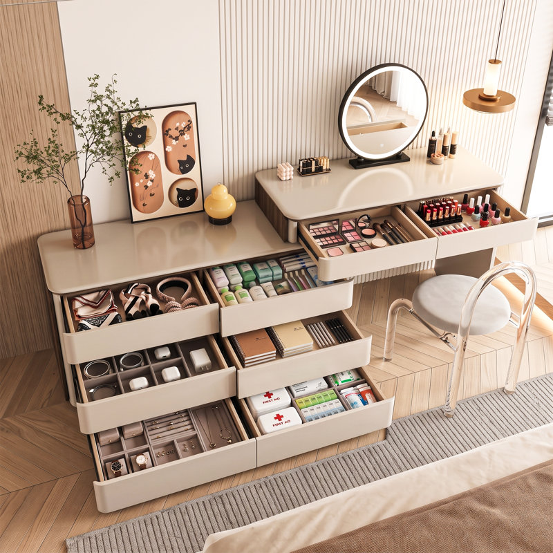Coiffeuse à maquillage extensible facile à installer avec commode 6 tiroirs, coiffeuse réglable et réversible de 51 à 91 po avec placage noyer et gris kaki