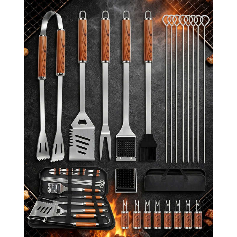 22-in-1 Stainless Steel BBQ Tools Set with Heat Resistant Wood Grain Handles & Storage Bag