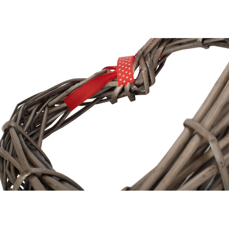 Wicker Heart Shaped Wreath with Spotty Ribbon, 24cm H x 24cm W x 4cm D