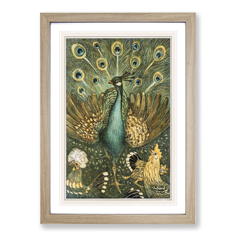 Peacock with Chickens by Theo Van Hoytema - Framed Print, 36cm H x 27cm W x 2cm D, Oak Framed