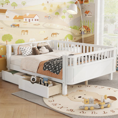 Full Size Wood Platform Bed With Guardrails And Ample Storage, Ideal For Safety And Modern Aesthetics