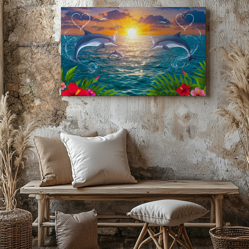 Toile, une scène tropicale vibrante avec des dauphins ludiques sautant gracieusement au-dessus de l'art mural