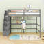 Lit mezzanine double en bois avec bureau intégré et escalier de rangement-1178742081