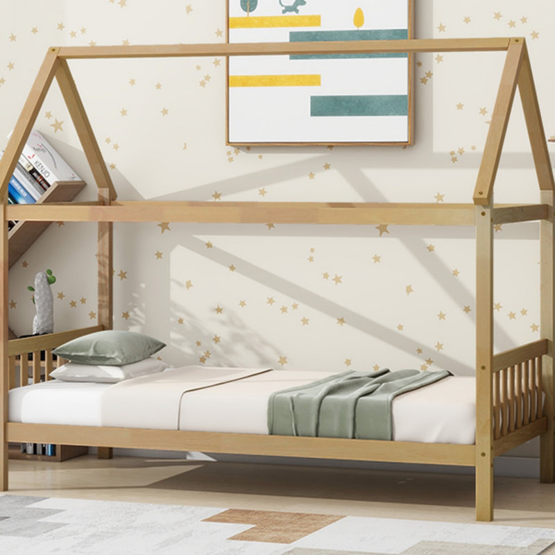 Lit simple avec toit, lit en bois massif avec tête et pied de lit, Chêne blanc