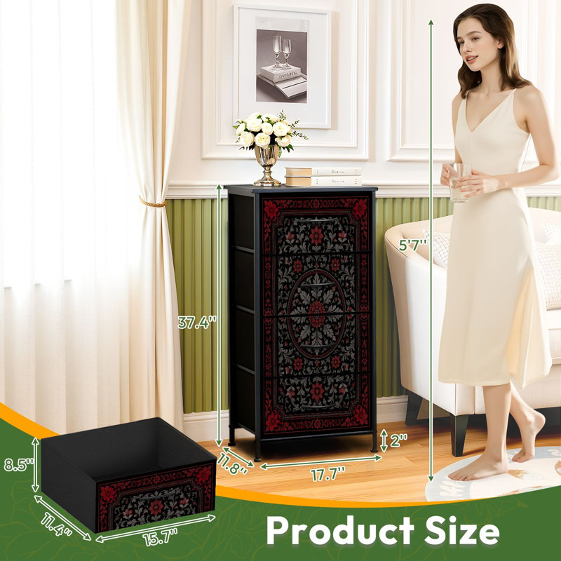 Commode à 4 tiroirs pour chambre à coucher ornée de motifs floraux rouges et noirs à motif rétro de petite taille pour commode de rangement avec commode