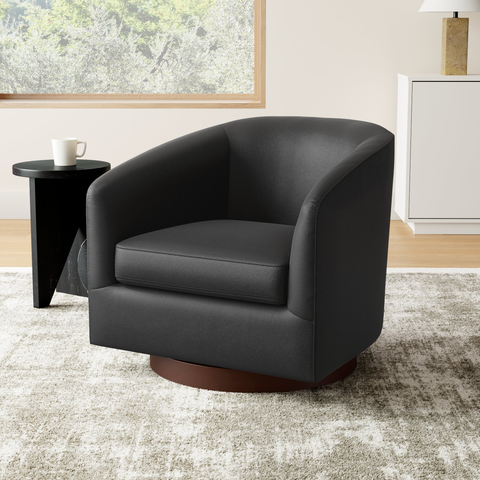 Bennett Vegan Leather Swivel Barrel Chair, Charming Black Vegan Leather