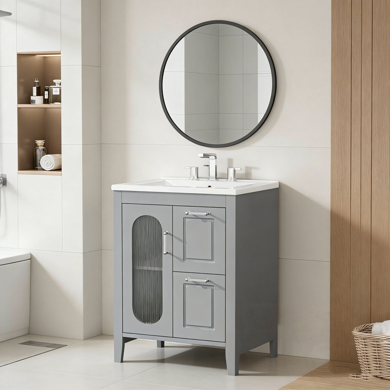 Bathroom Vanity with Sink, Two Drawers and  Adjustable Shelf, Gray