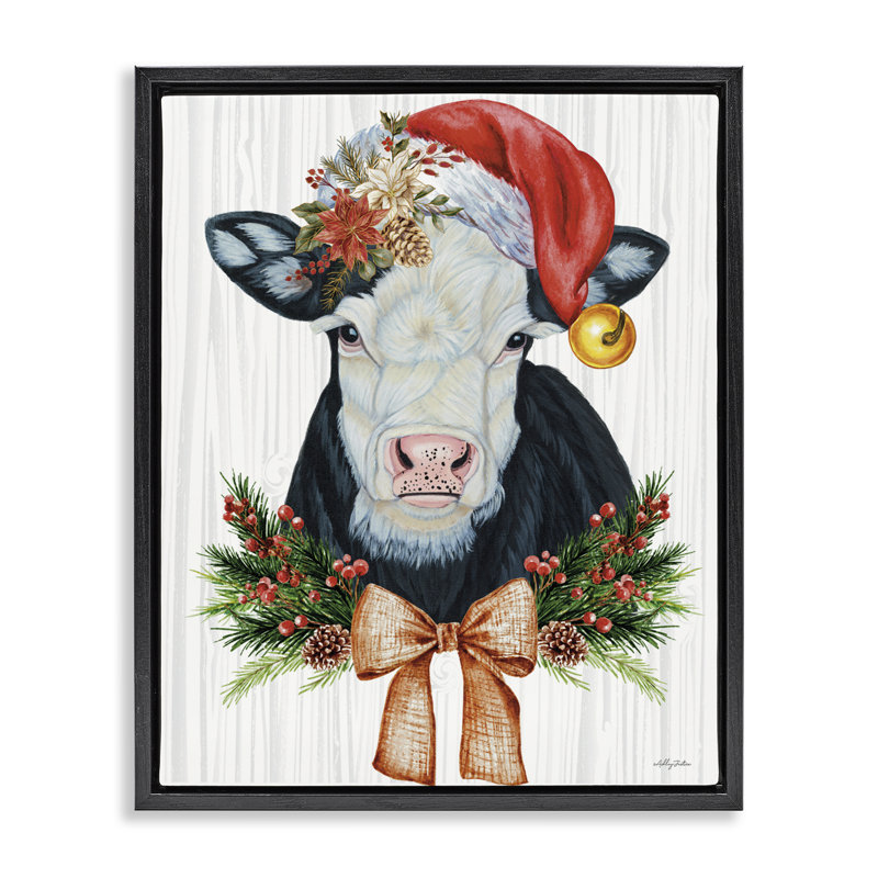 Cadre festif de vache festive dans un chapeau de Noël, design par Ashley Justice, H 31 po x l 25 po