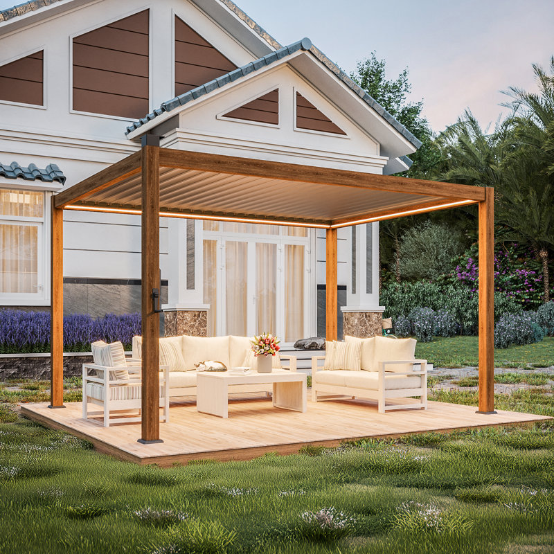 Aluminum Frame Solar LED Patio Pergola with Adjustable Louvered Roof, Wood Color, 10 X 13'