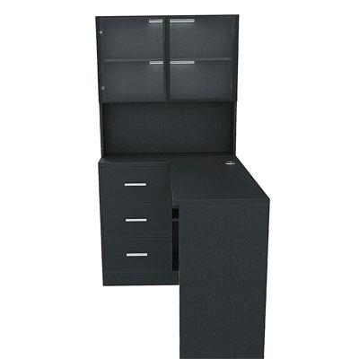 Bureau d'ordinateur avec armoires en verre et lumières DEL intégrées, bureau de coin en L avec ports de chargement USB, plateau à clavier, conception ergonomique pour les espaces de travail à domicile et en entreprise (noir)