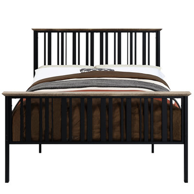 Lit double en chêne antique et noir, sans sommier tapissier, garniture en bois, sommier à lattes, métal, matelas de 8 po préféré, capacité de charge de 330 lb avec poids recommandé, poids