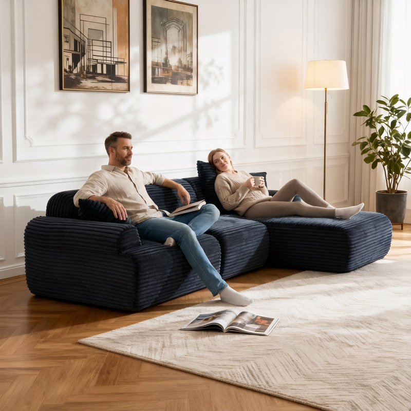 Canapé modulaire à compression de 105 po avec revêtement en velours côtelé Revine, Velours côtelé gris foncé