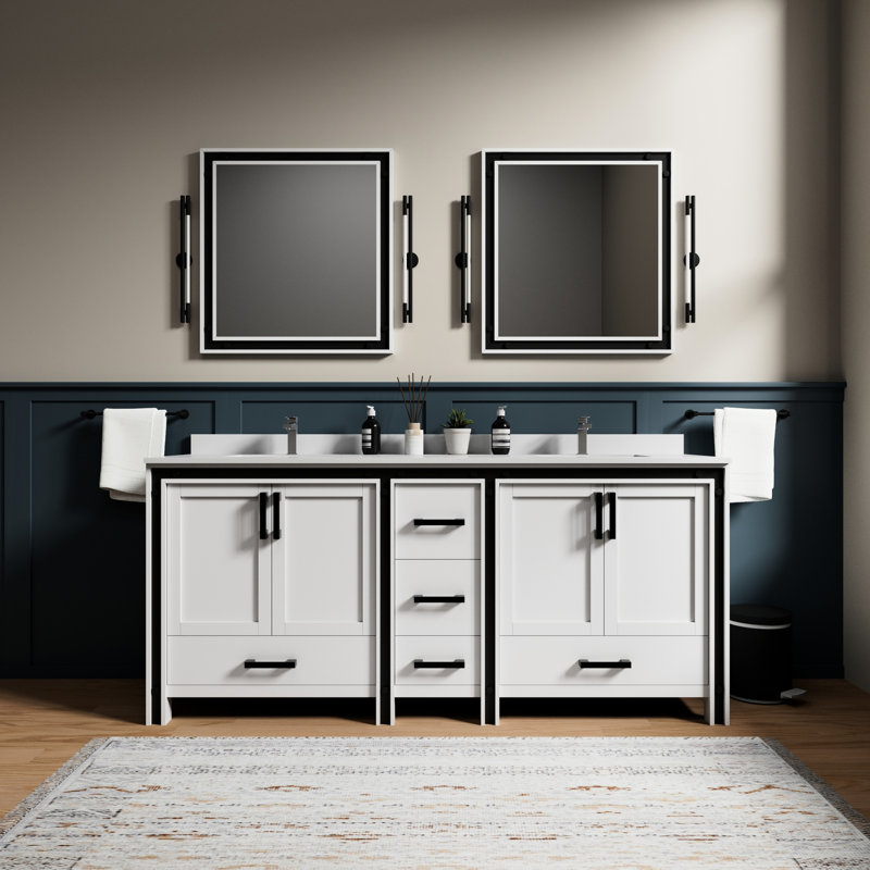 Meuble-lavabo double blanc avec robinet et comptoir en quartz teinté - 80 po L x P 22, tiroirs spacieux pour le rangement, mécanisme de fermeture en douceur du comptoir, espace abondant