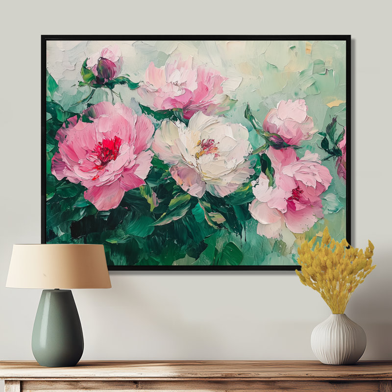 Harmonie de pivoines vertes dansant - art mural de pivoines pour le salon, H 30 po x l 40 po, Picture Framed, Noir
