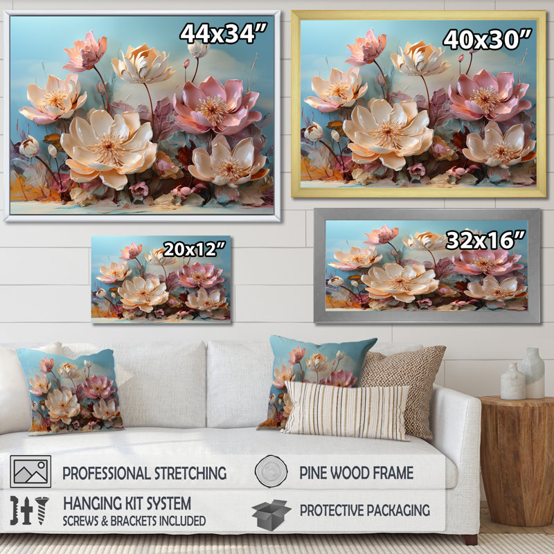 Fleur de lotus rose moderne - impression, H 16 po x l 32 po x P 1 po, Cadre simple blanc
