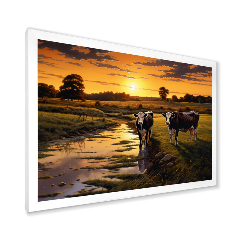 " Cows At Farm Landscape IV ", White Single Picture Framed, 12" H x 20" W x 1" D