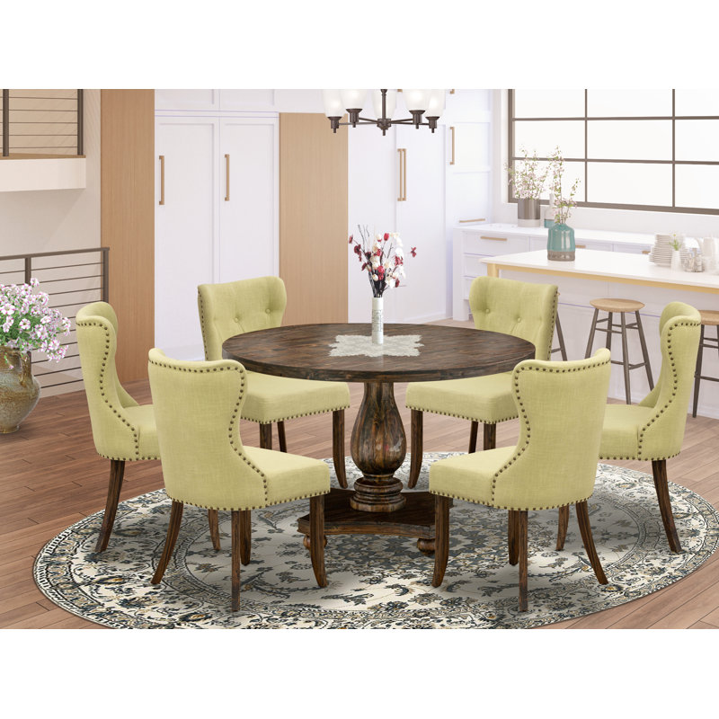 Distressed Jacobean Round Pedestal Dining Table with Limelight Linen Chairs