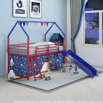 Jack Metal Junior House Twin Loft Bed With Slide And Curtain Set, Super Hero Red And Blue, Perfect For Fun And Functional Kids' Rooms