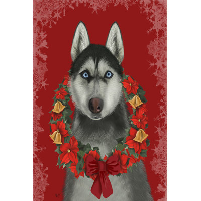 Husky And Poinsettia Wreath by Fab Funky - Wrapped Canvas Painting